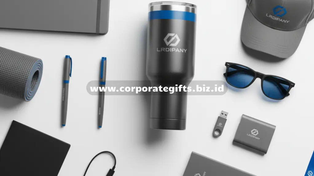 Hadiah perusahaan abu-abu dan biru berupa Tumbler, pulpen, headphone, dan flash drive